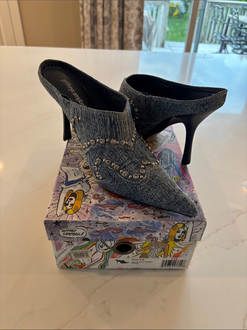 Jeffrey Campbell Grey Denim Studded Pointed-Toe Mules